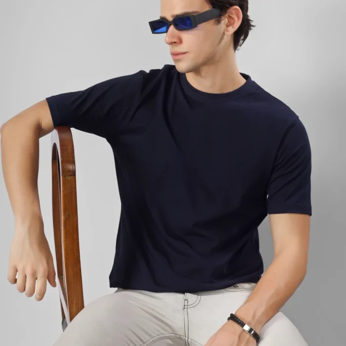 Navy Blue Cotton Round Neck T-Shirt